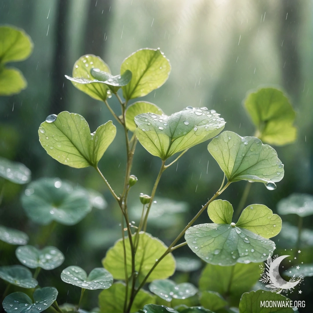 A delicate lunaria plant surrounded by mist, with raindrops and sunlight peeking through, creating a serene atmosphere.