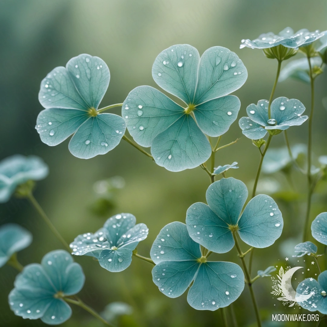 A delicate lunaria plant shrouded in mist, adorned with rhinestones of greenish-blue hues.