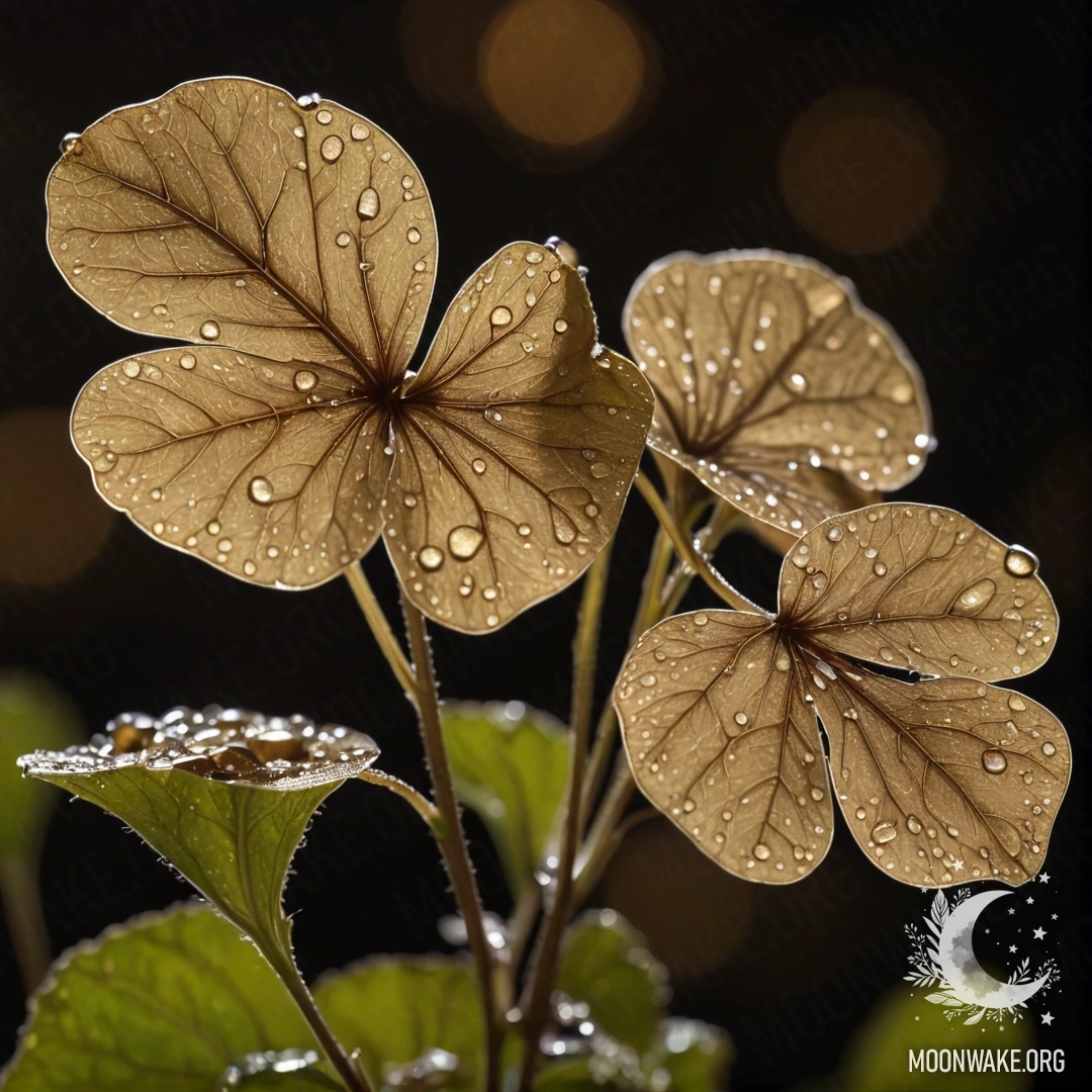 A beautiful lunaria plant adorned with dew drops at night.