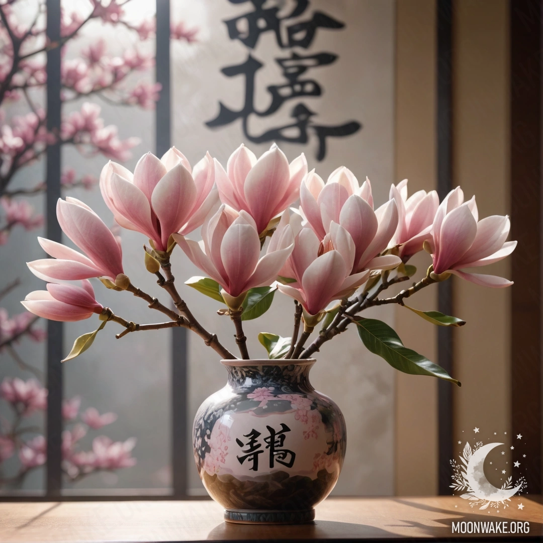 A pink magnolia flower in a vase, surrounded by mist and sunshine.