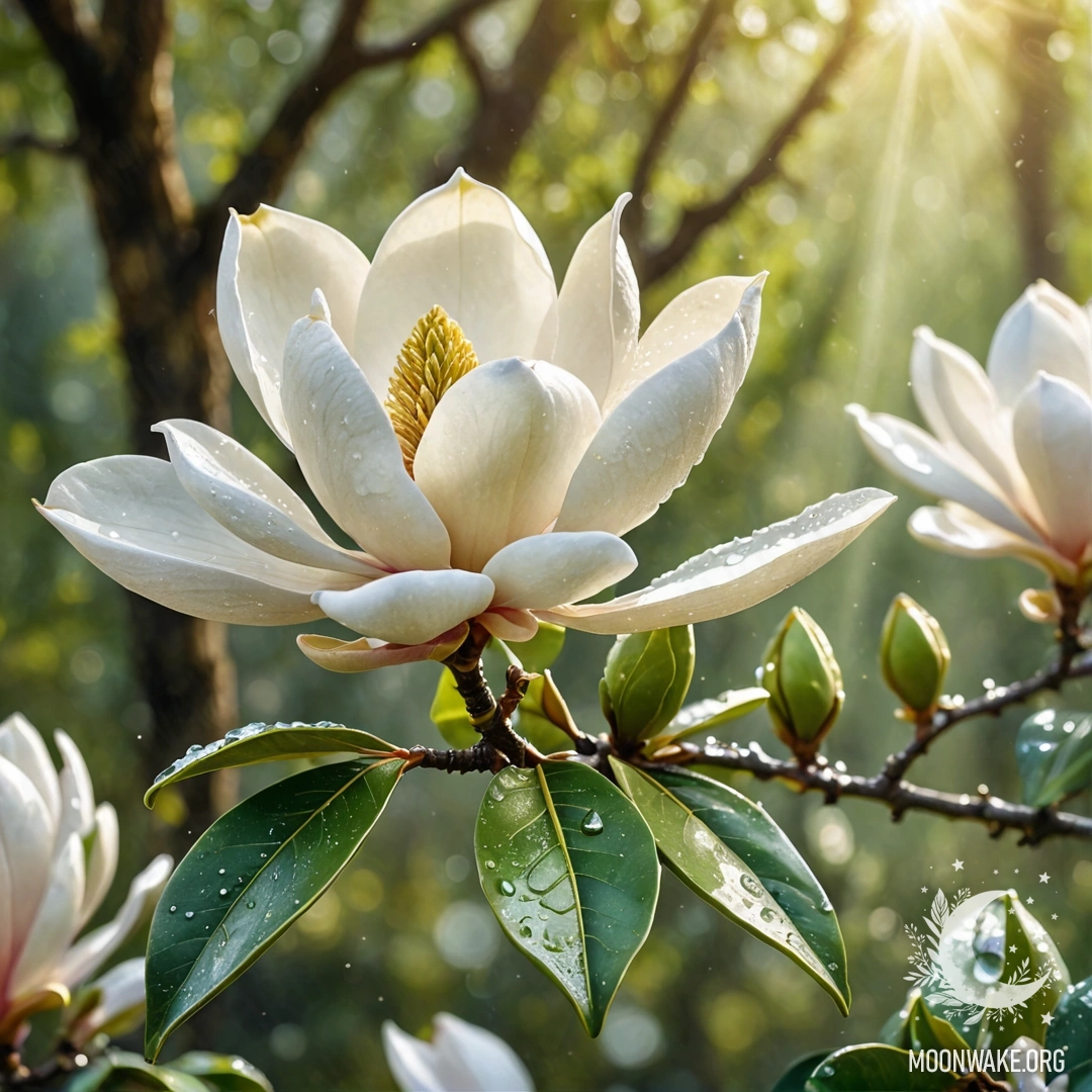 A watercolor painting of a magnolia flower with dew drops glistening in sunlight.