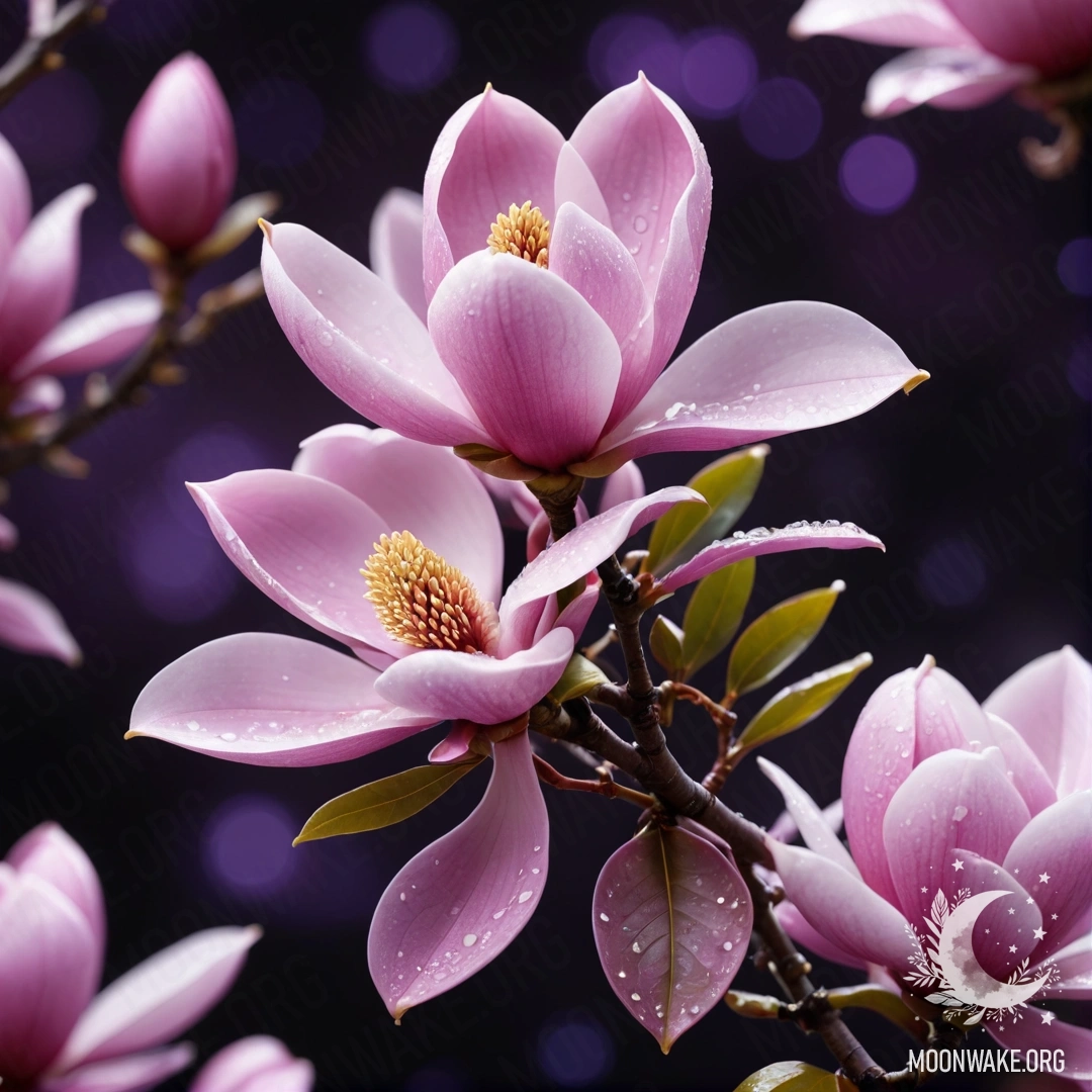 Beautiful Magnolia with Dew Drops at Night A purple magnolia flower adorned with dew drops against a nighttime backdrop.