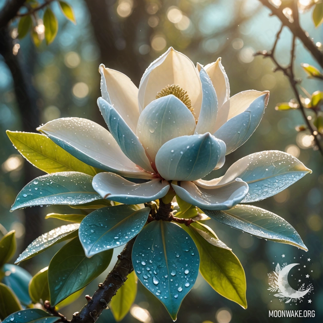 Beautiful Magnolia with Dew Drops A beautiful magnolia flower adorned with dew drops, shimmering under sunny rays.
