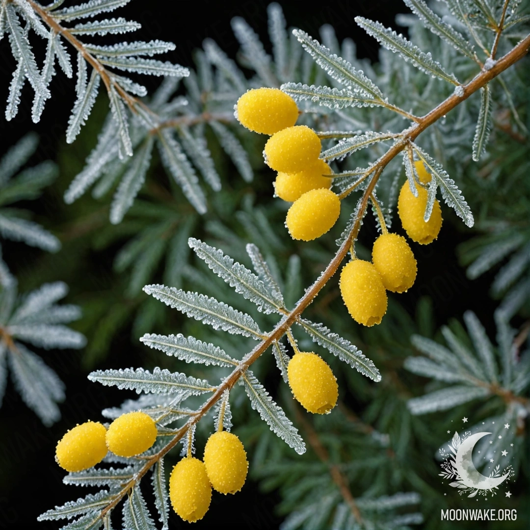 A beautiful mimosa covered in frost at nighttime, with olive patterns.