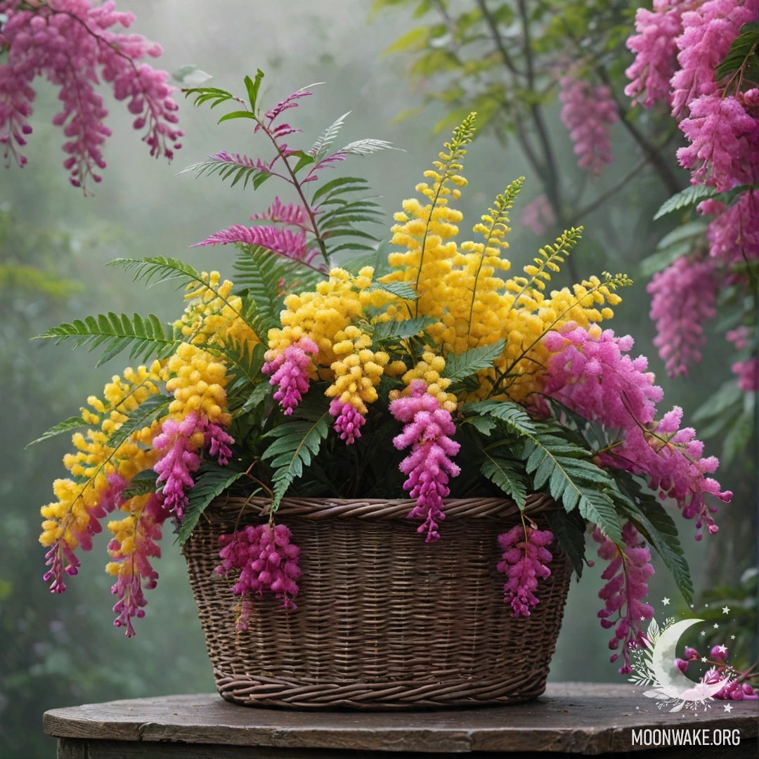A vibrant fuchsia mimosa flower in a misty setting, nestled in a basket.