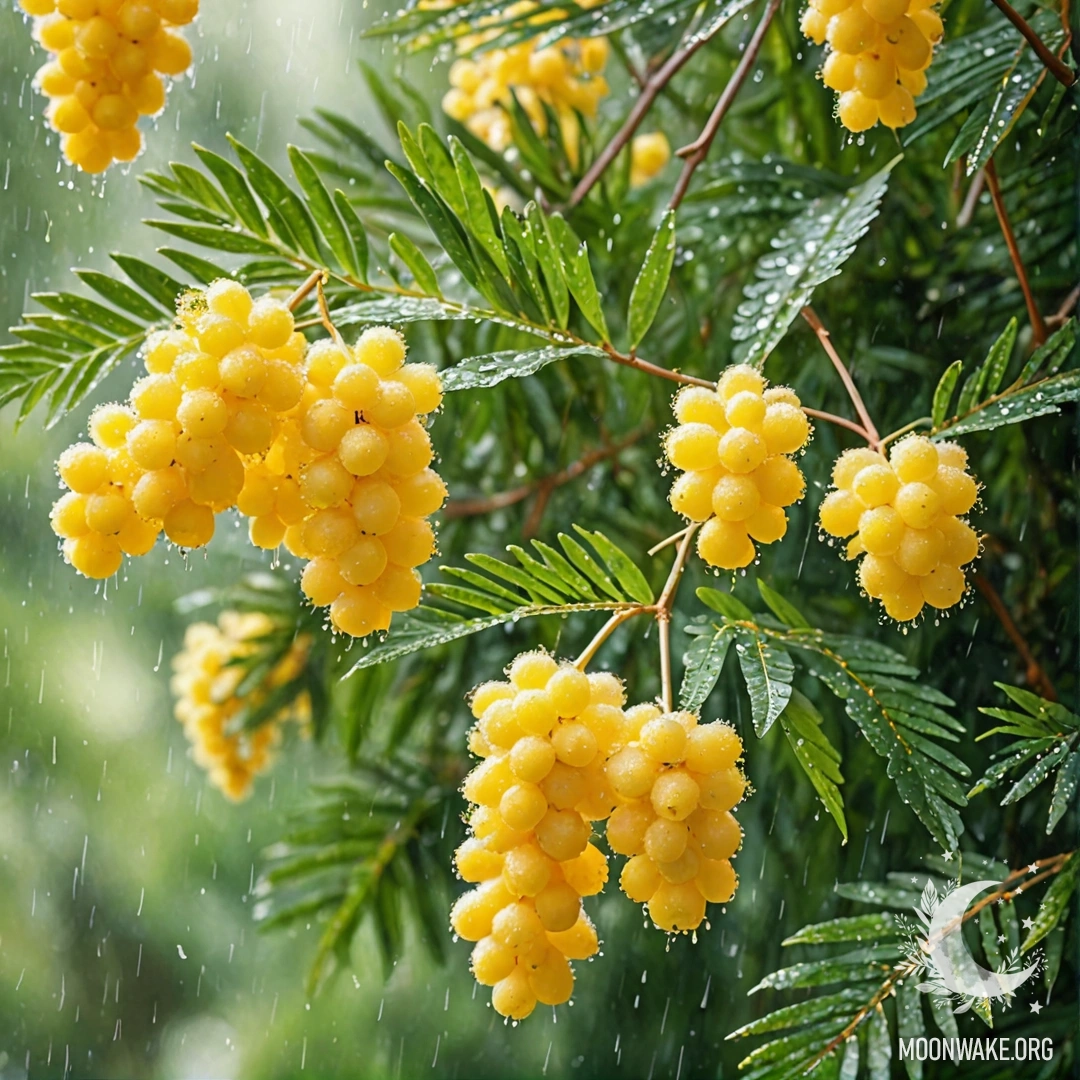 A watercolor painting of a beautiful mimosa under the rain with sunny rays illuminating it.