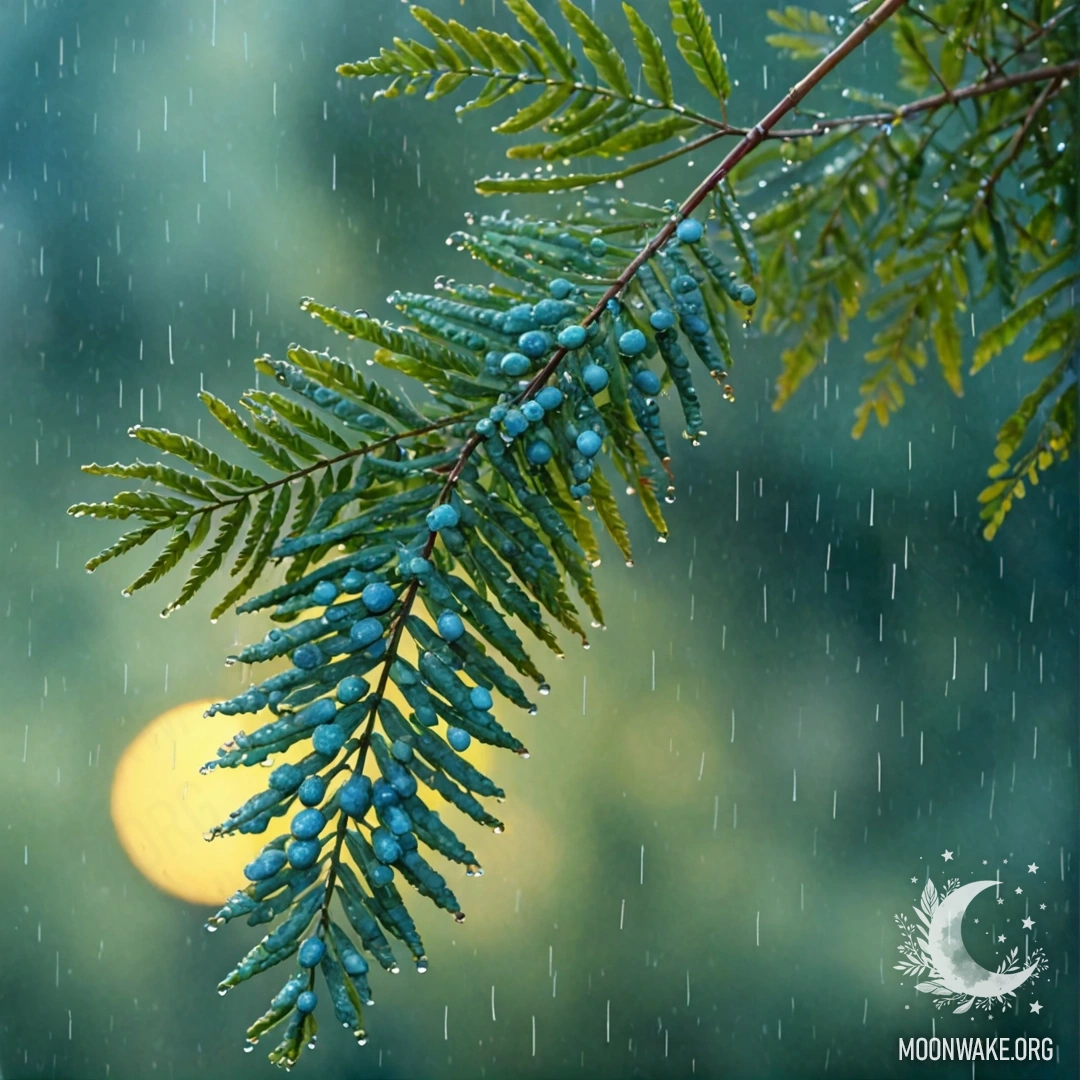 Beautiful Mimosa Under the Rain at Sunset A watercolor painting of a beautiful mimosa flower in greenish-blue hues, captured under the rain during sunset.