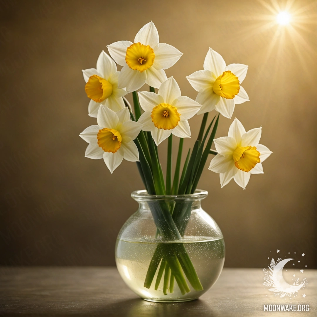 A delicate narcissus flower in a vase, surrounded by fog during sunset.