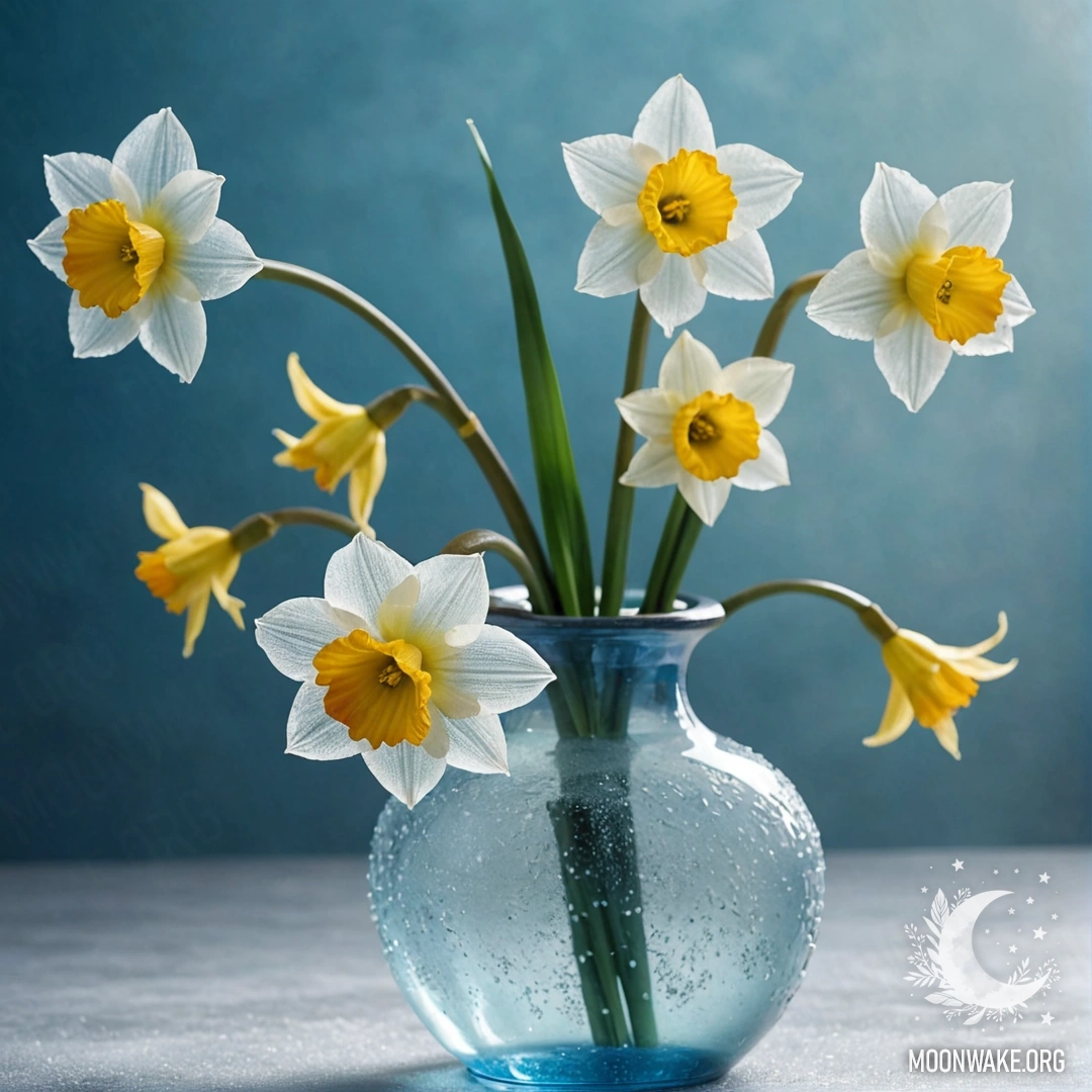 A delicate narcissus flower in frost, displayed in a sky blue vase.