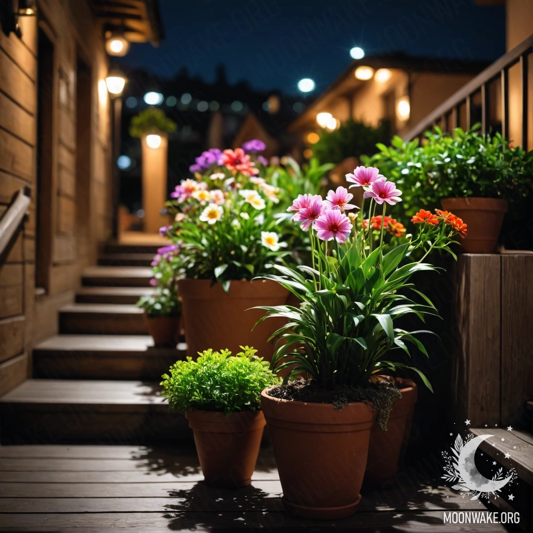 A wooden staircase adorned with flowerpots at night.