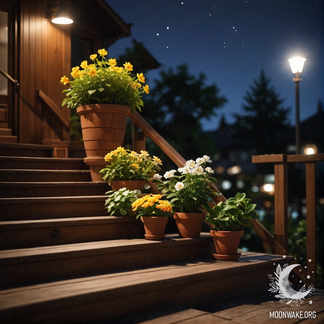 Beautiful Night on a Wooden Staircase A picturesque scene of flowerpots on a wooden staircase at night.