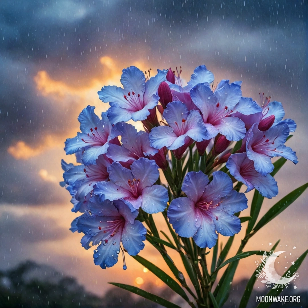 A stunning watercolor painting of a blue oleander bouquet under the rain at sunset.