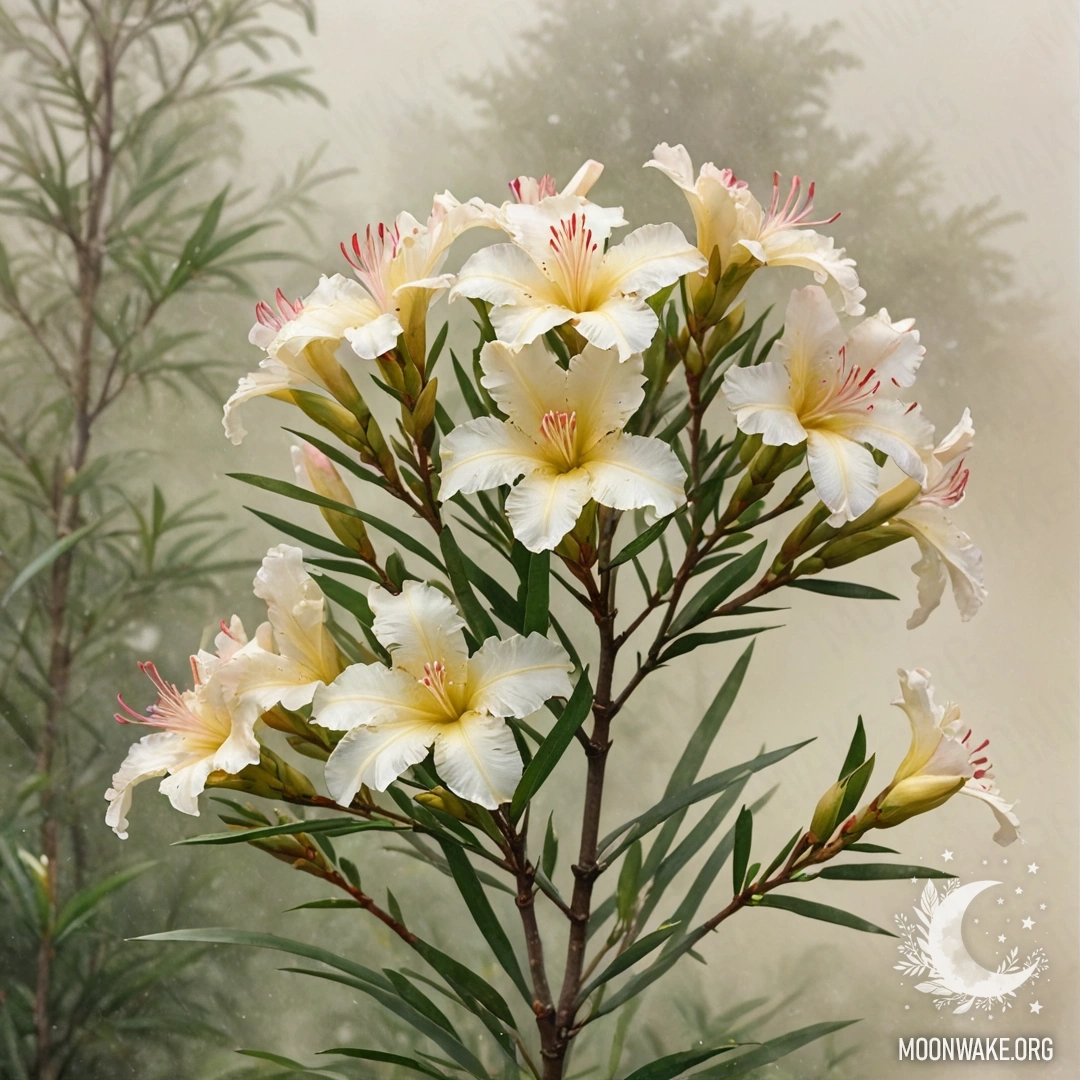 Beautiful Oleander in Fog Beautiful cream yellow oleander flowers surrounded by fog.