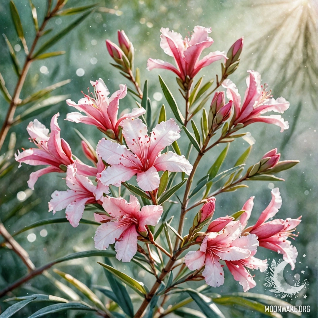 A delicate oleander flower covered in frost with sunlight sparkling on it.