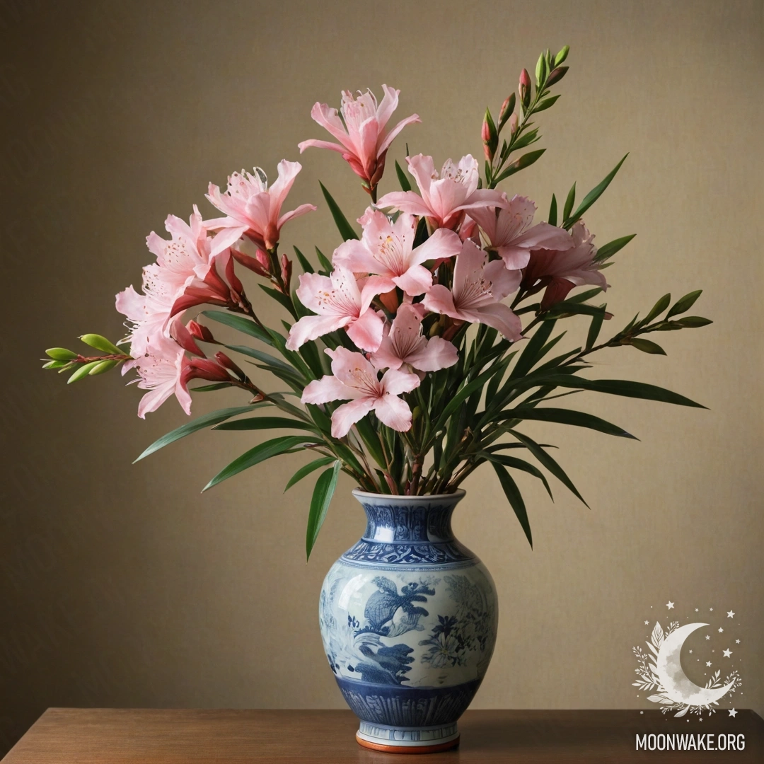A gentle oleander flower arrangement in a misty atmosphere in a vase.