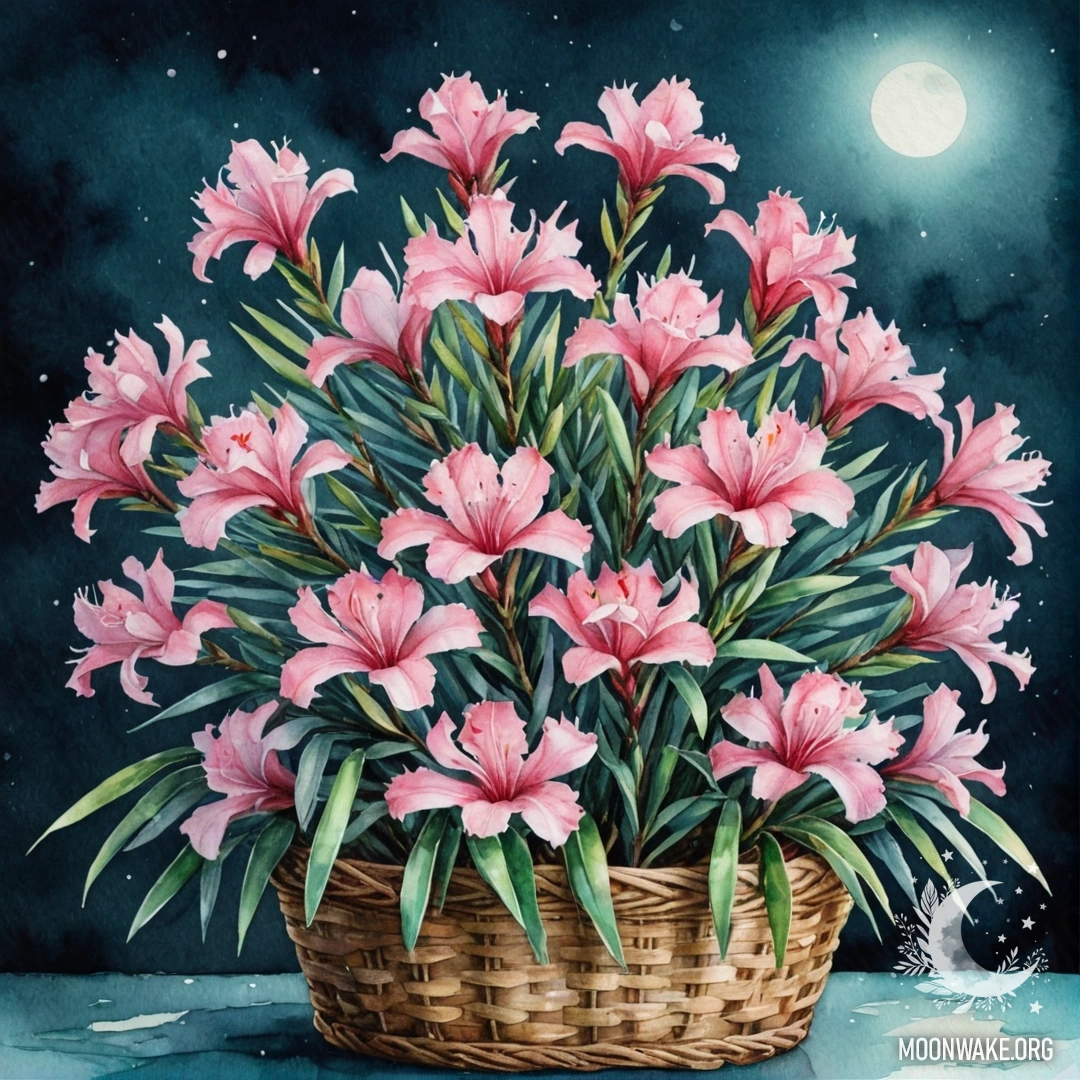 A basket of aquamarine-colored oleander flowers surrounded by mist at night.