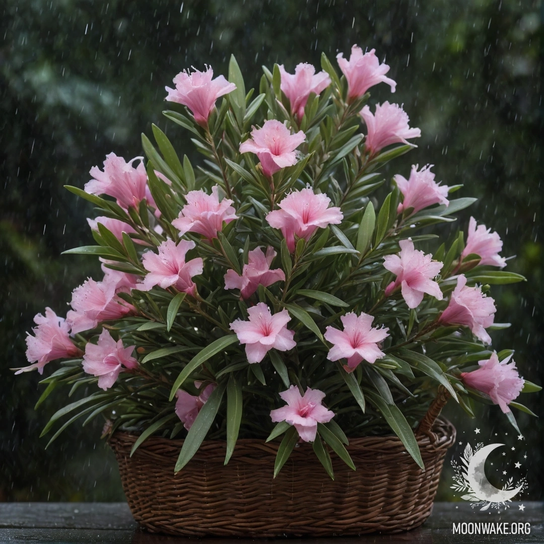 A beautiful oleander flower in a basket, sage color, under rain at night.