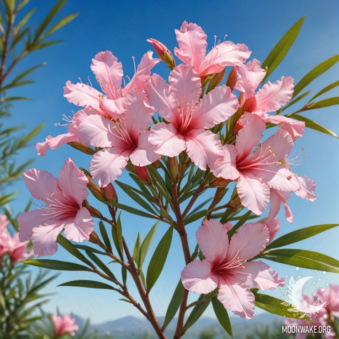 A watercolor painting of a beautiful oleander with patterns of sunny rays in sky blue hues.