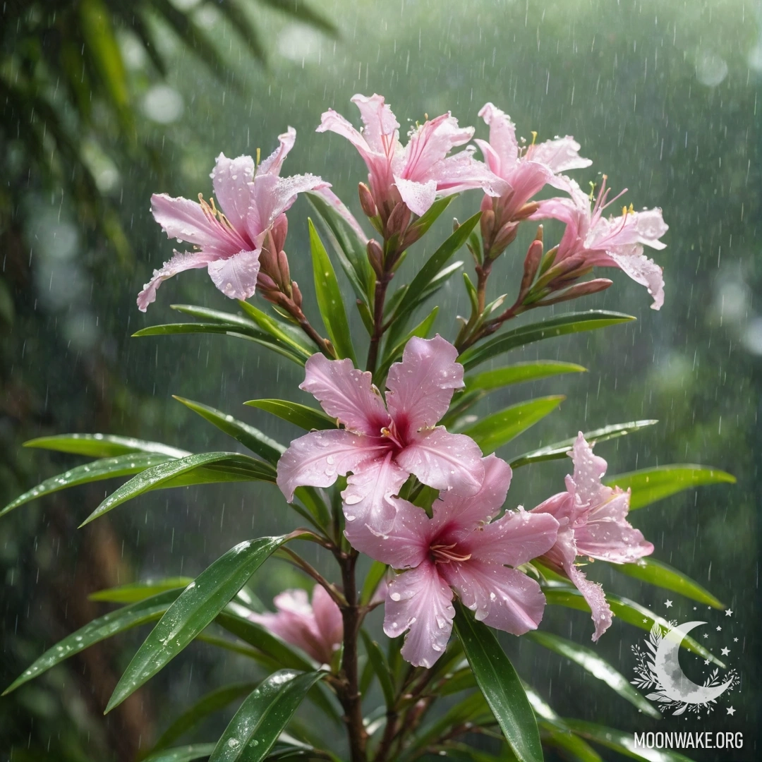 Beautiful Oleander Under the Rain A beautiful oleander flower surrounded by raindrops and sunlight.