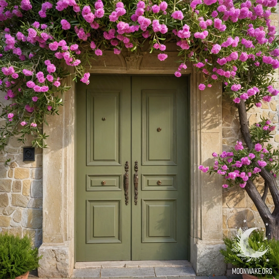 Beautiful Olive Door with Pink Blossoms A beautiful olive door below a tree adorned with pink flowers.