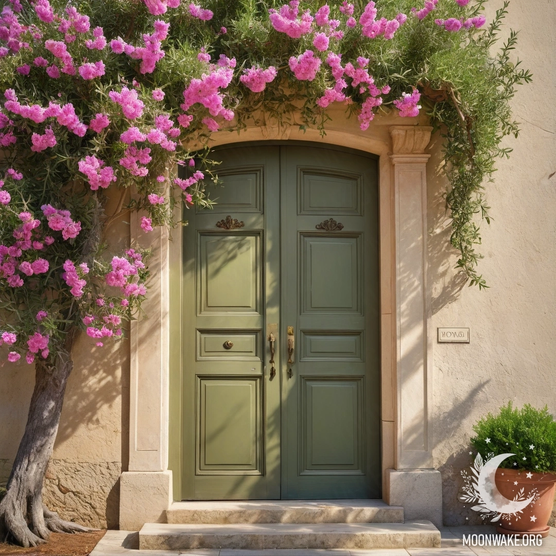 A beautiful olive door under a tree adorned with pink flowers, illuminated by sun rays.