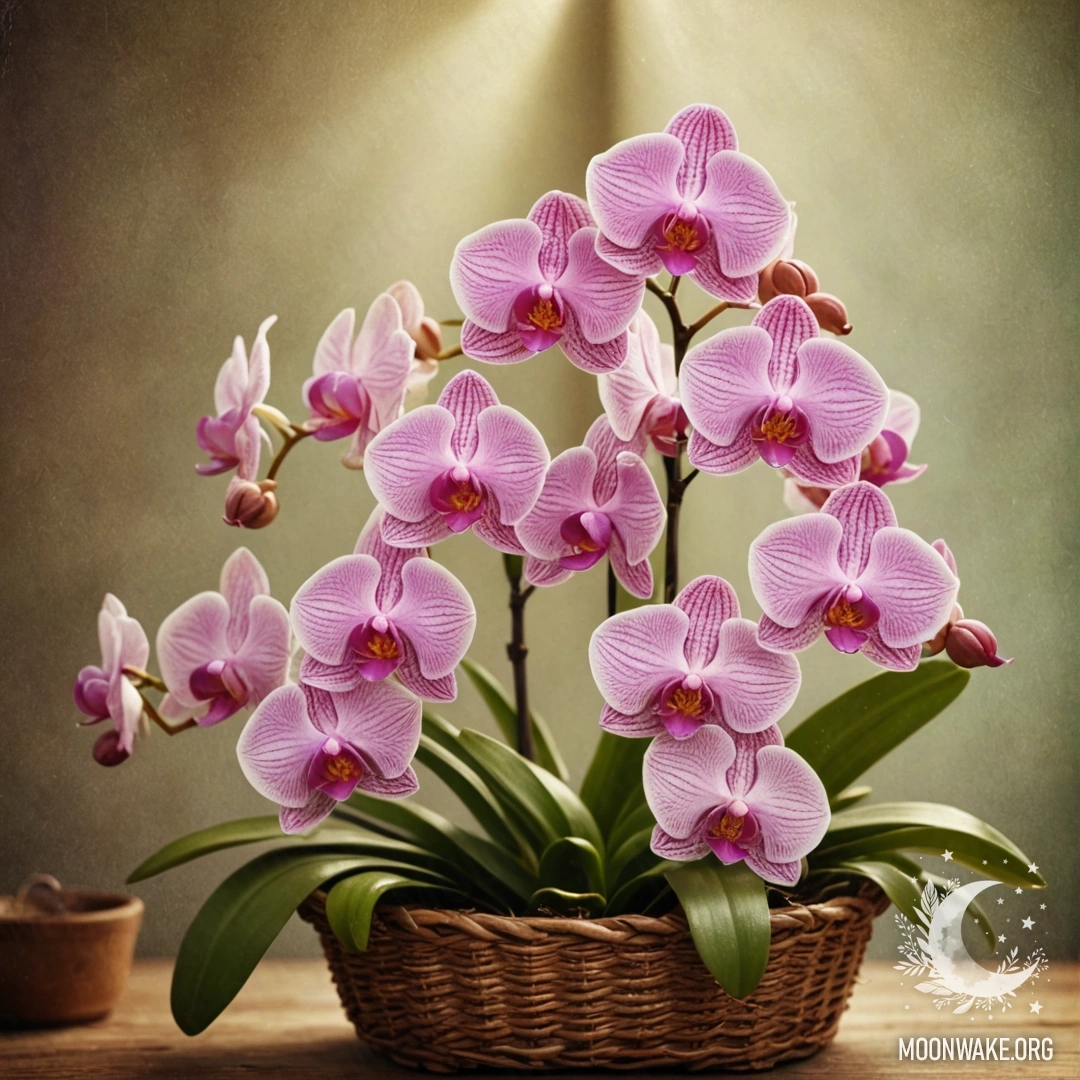 A beautiful orchid basking in sun rays, placed in a pink vintage basket.
