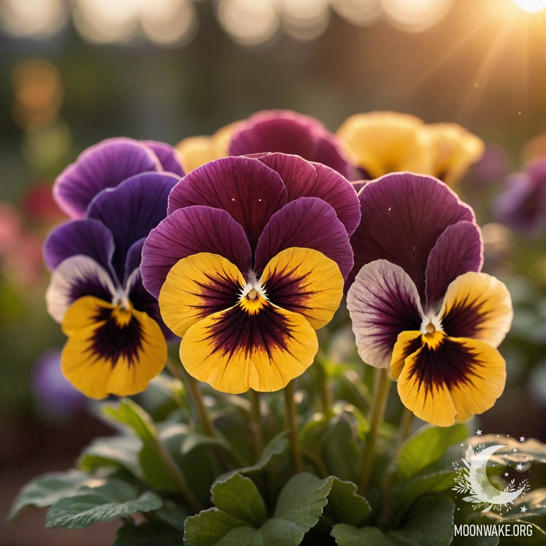A beautiful bouquet of coffee-colored pansies at sunset.