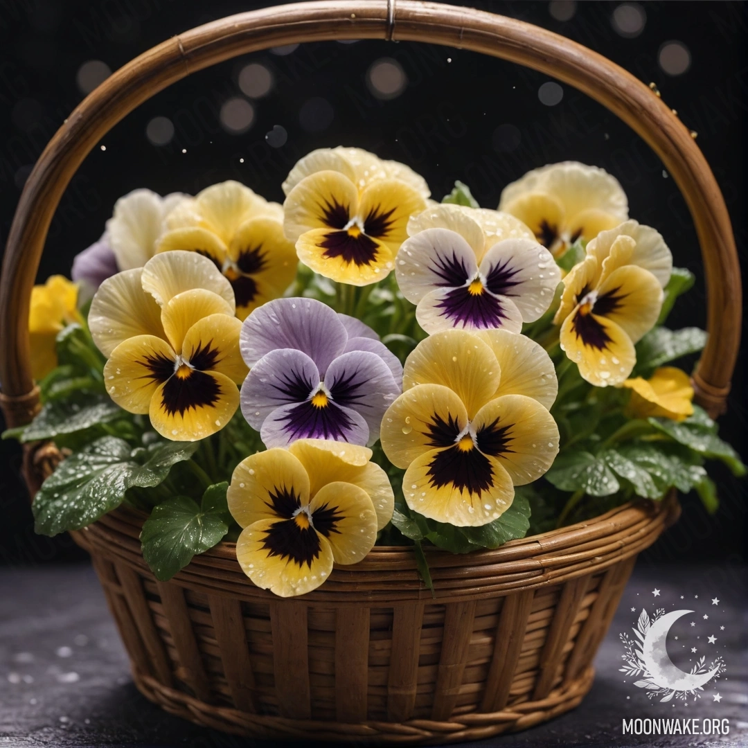 Beautiful Pansies with Dew Drops in a Basket A captivating image of cream yellow pansies with dew drops in a basket at night.