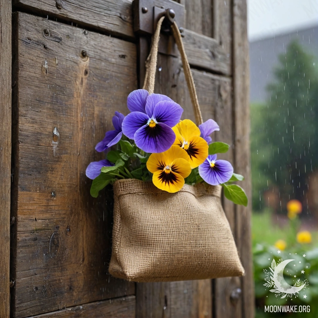 A small burlap bag filled with pansies hangs on a shabby wooden wall, with rain falling around it.