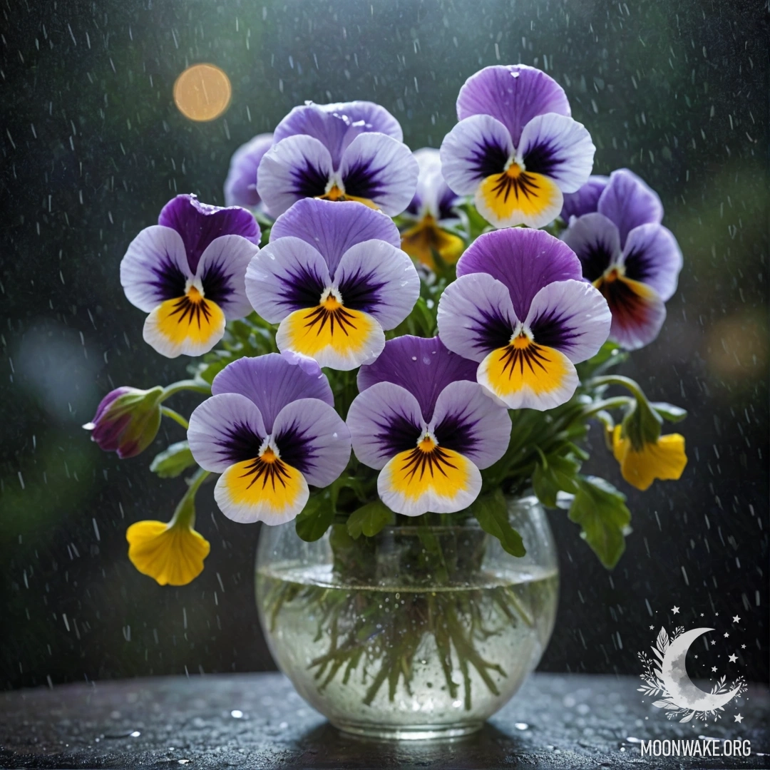 Beautiful Pansies in a Vase of Misty Night A vase with beautiful pansies under the rain at night, surrounded by mist.
