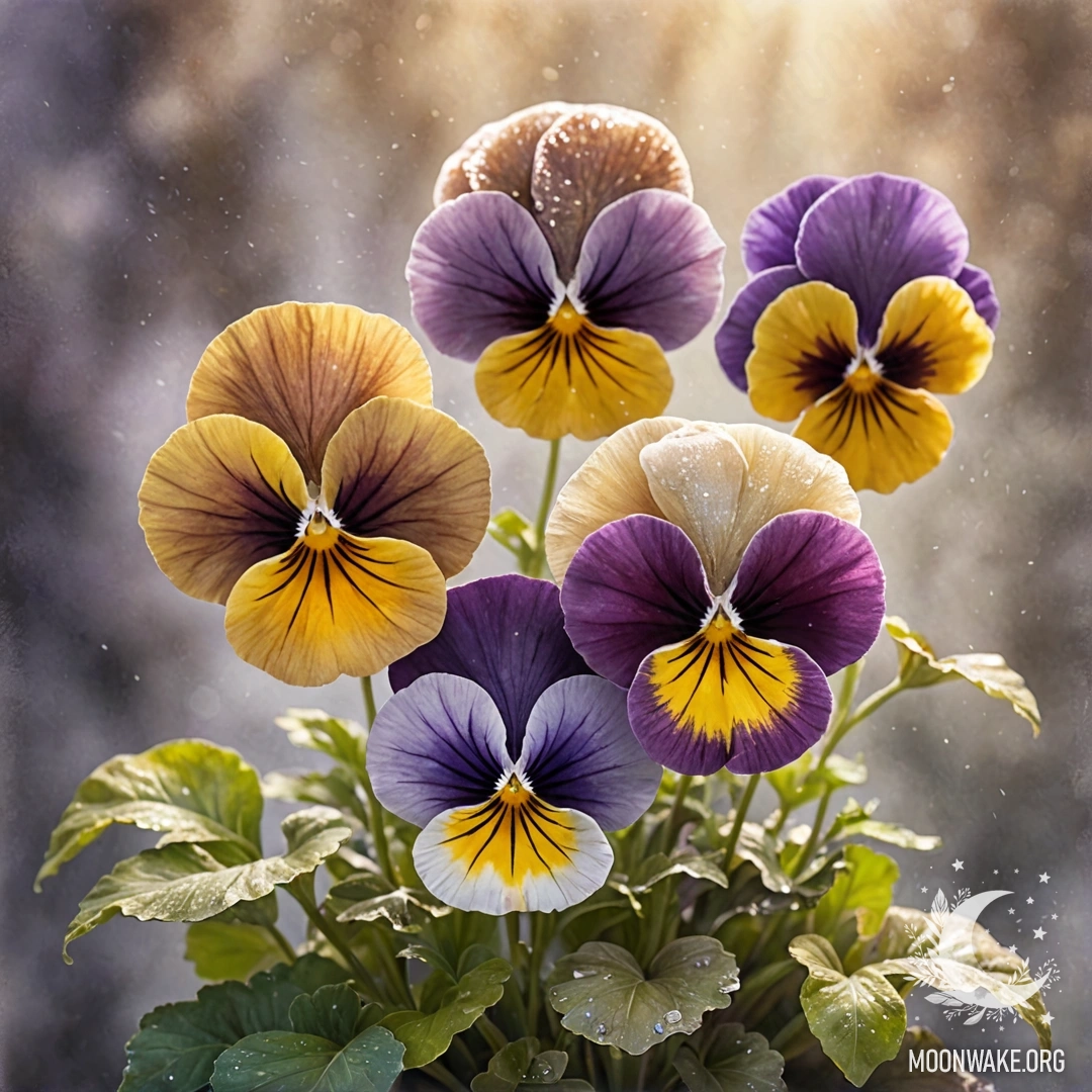 A watercolor painting of beautiful pansies in mist, illuminated by sunny rays with glitter, showcasing coffee colors.