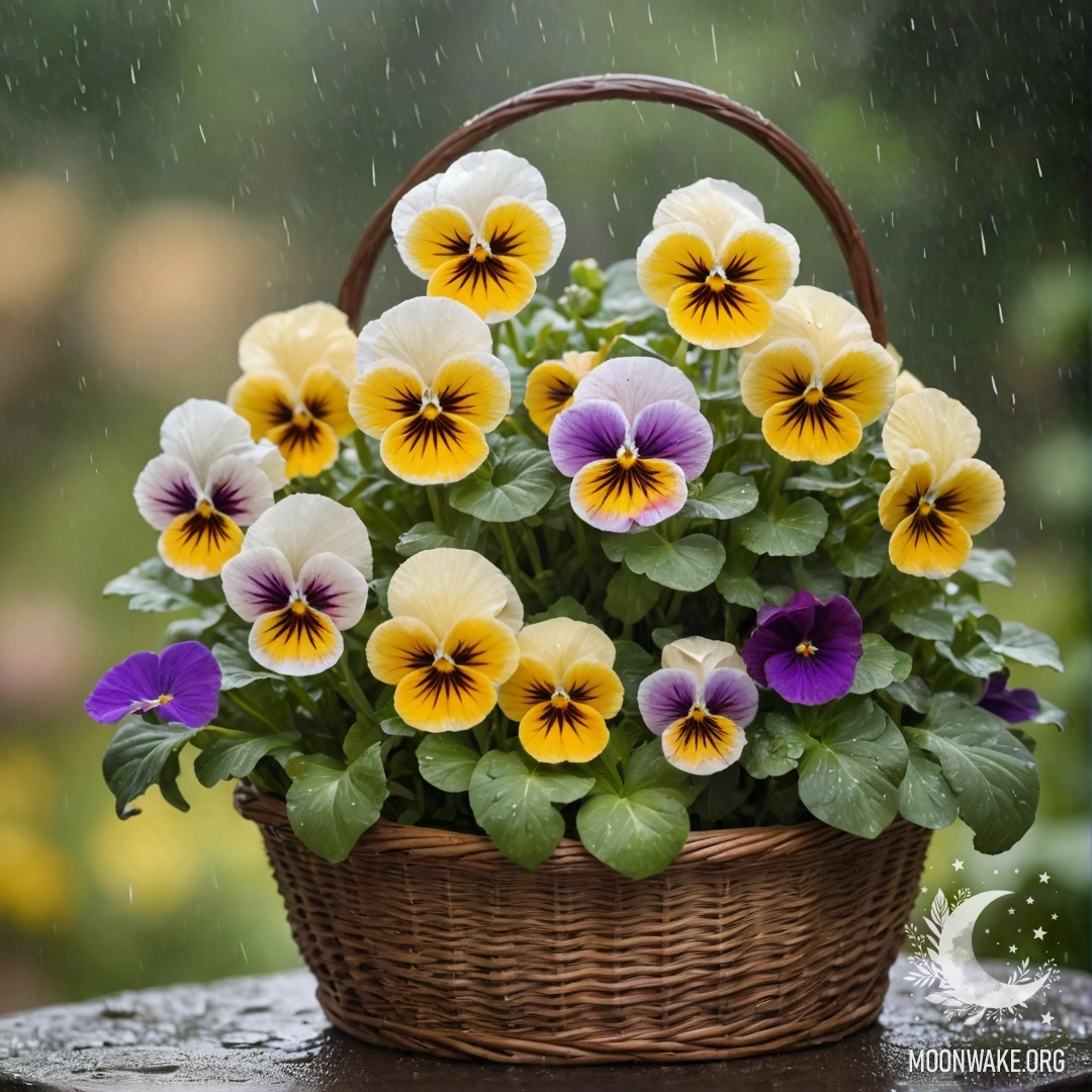 Beautiful Pansies in the Rain A basket filled with cream yellow pansies, glistening in the rain.
