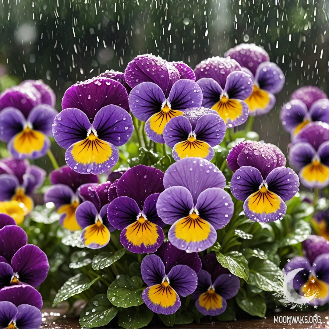 A close-up of purple pansies with raindrops and sunrays shining through.