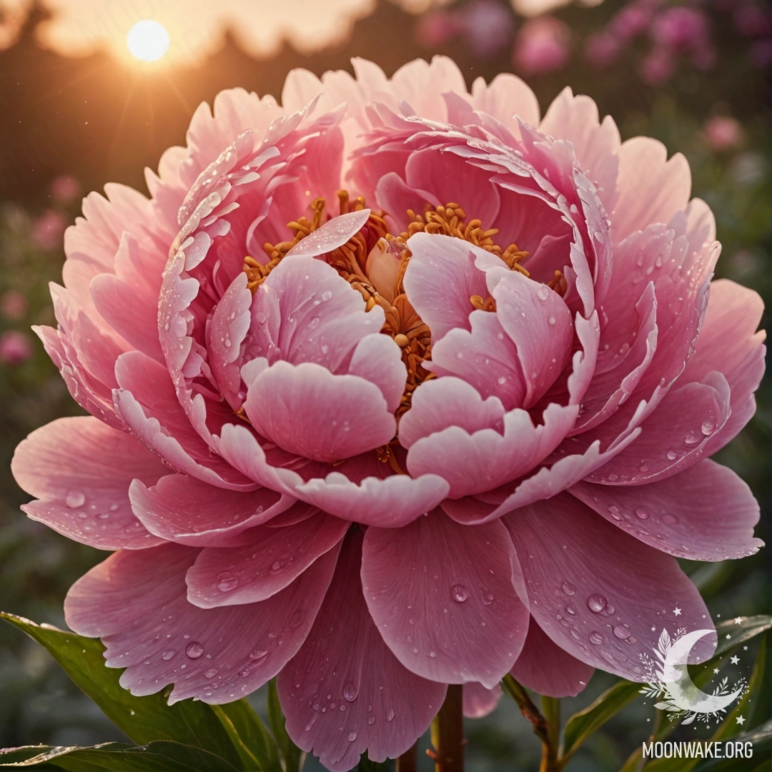 A beautiful peony covered with dew drops against a pink sunset backdrop resembling an old postcard.