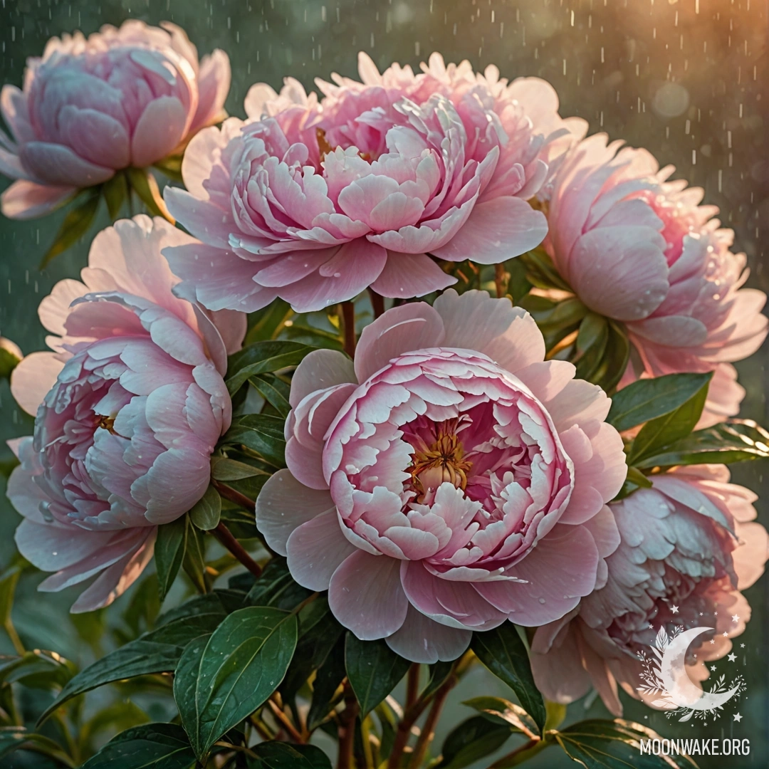 A beautiful peony bouquet under rain at sunset with a mint color theme.