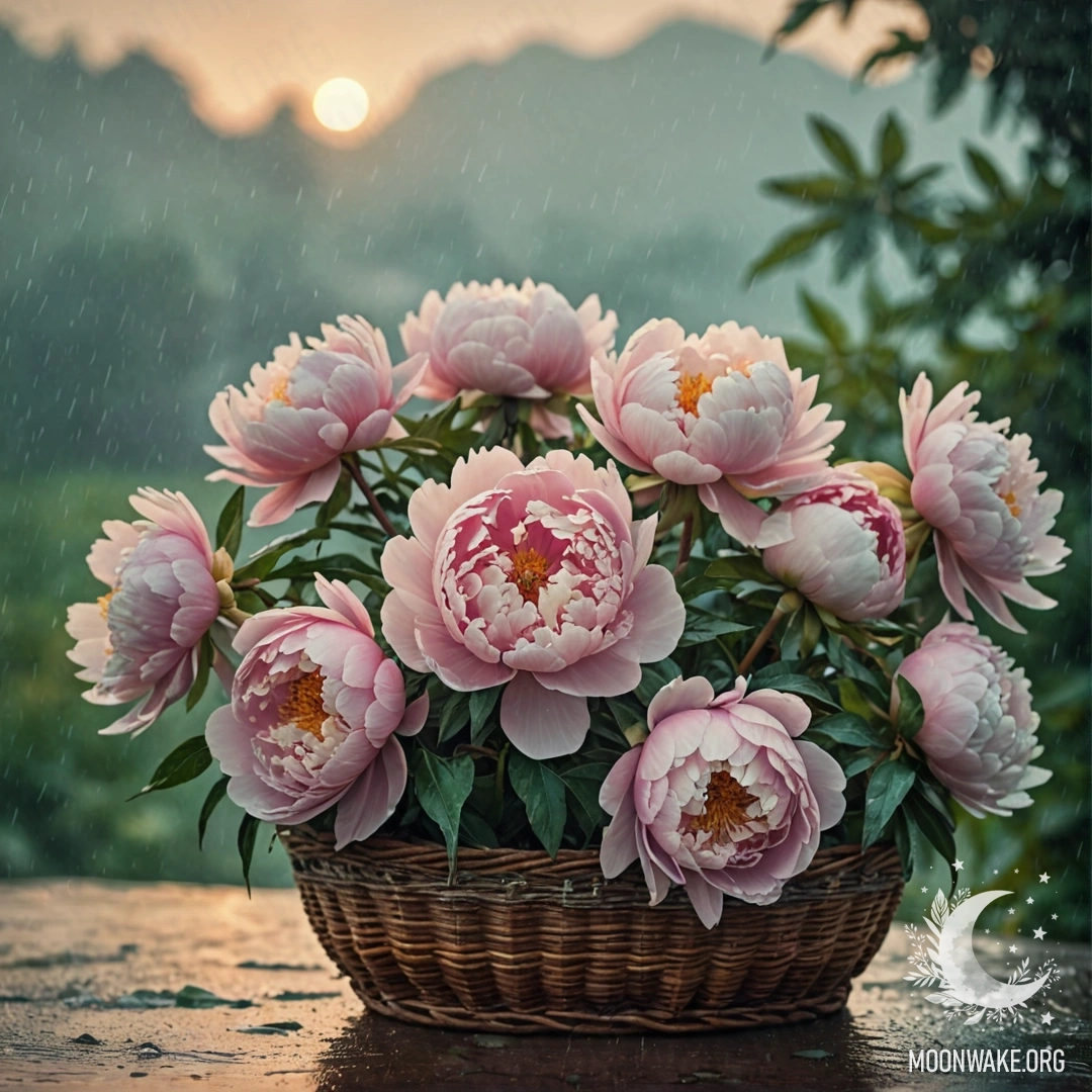 A beautiful peony in a basket, surrounded by mist and rain during sunset.