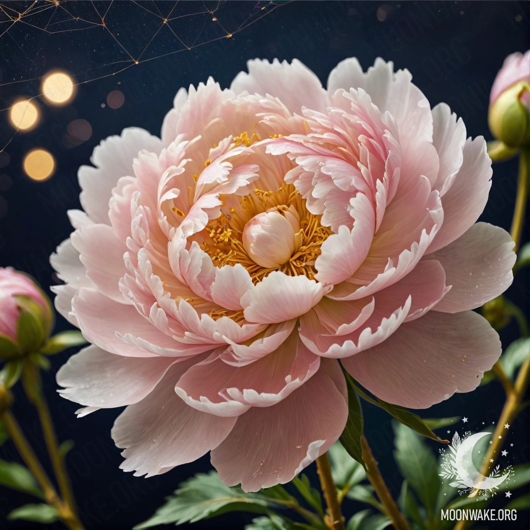 A close-up of a beautiful peony covered in delicate web, set against a warm gold background resembling a vintage postcard.