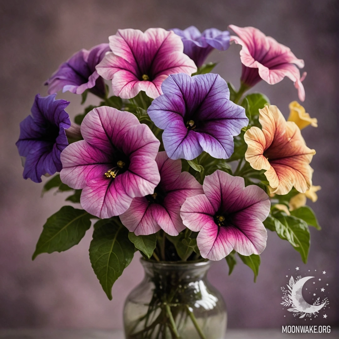 A beautiful petunia flower in a coffee-colored vase under night mist.