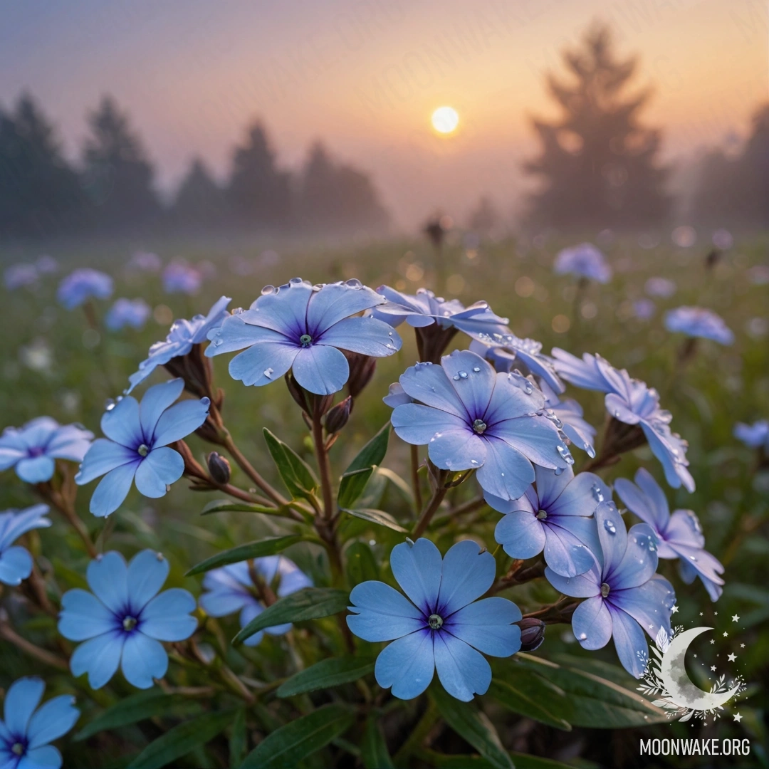 Beautiful Phlox in Fog at Sunset A serene image of beautiful phlox flowers in fog at sunset, adorned with rhinestones.