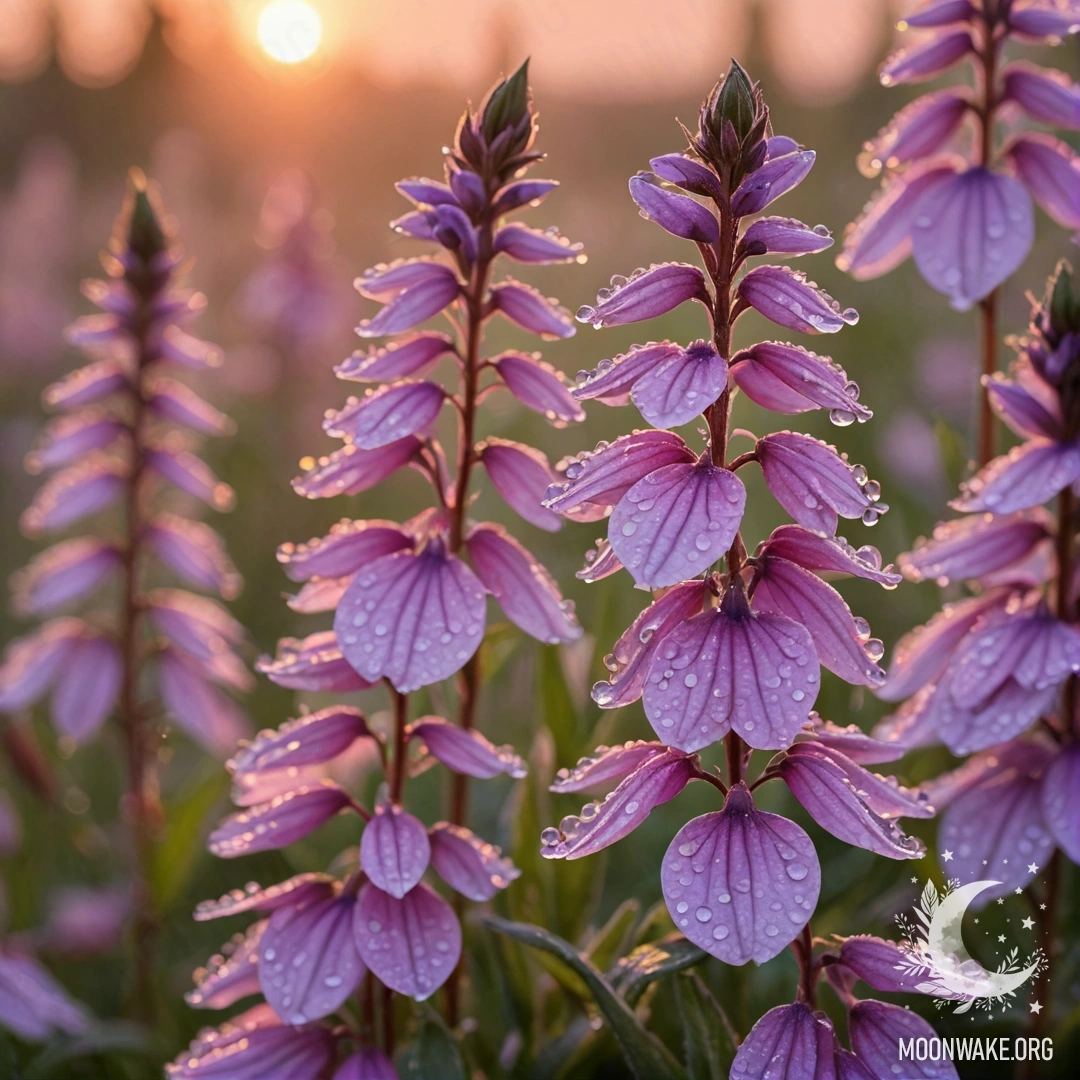 Beautiful Pink Lobelia with Dew Drops at Sunset A delicate pink lobelia adorned with dew drops during sunset.