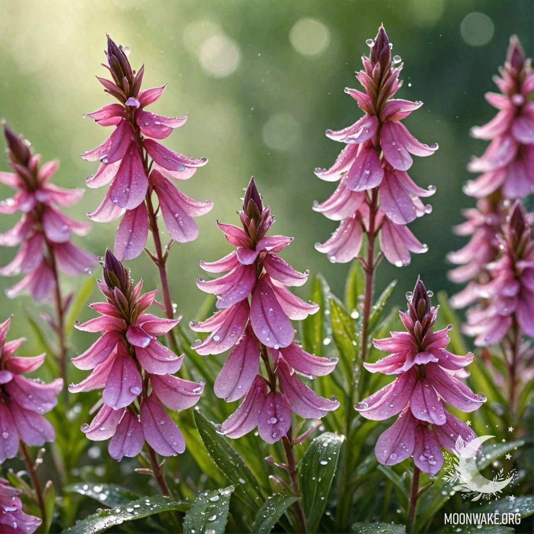 Beautiful Pink Lobelia with Dew Drops A bouquet of pink lobelia flowers adorned with dew drops under sunny rays.