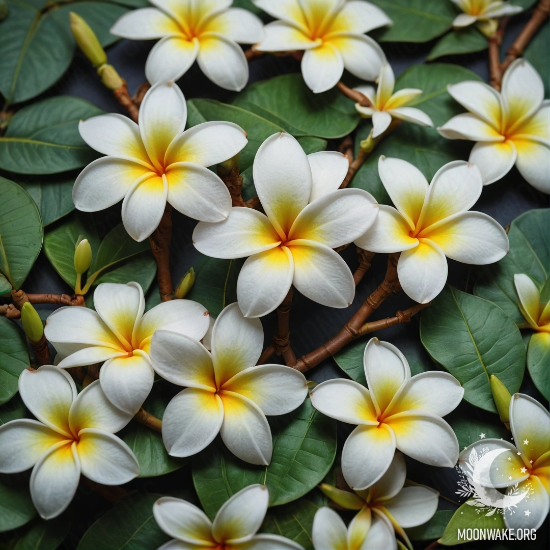 A beautiful green background featuring plumeria flowers in ukiyo-e style.