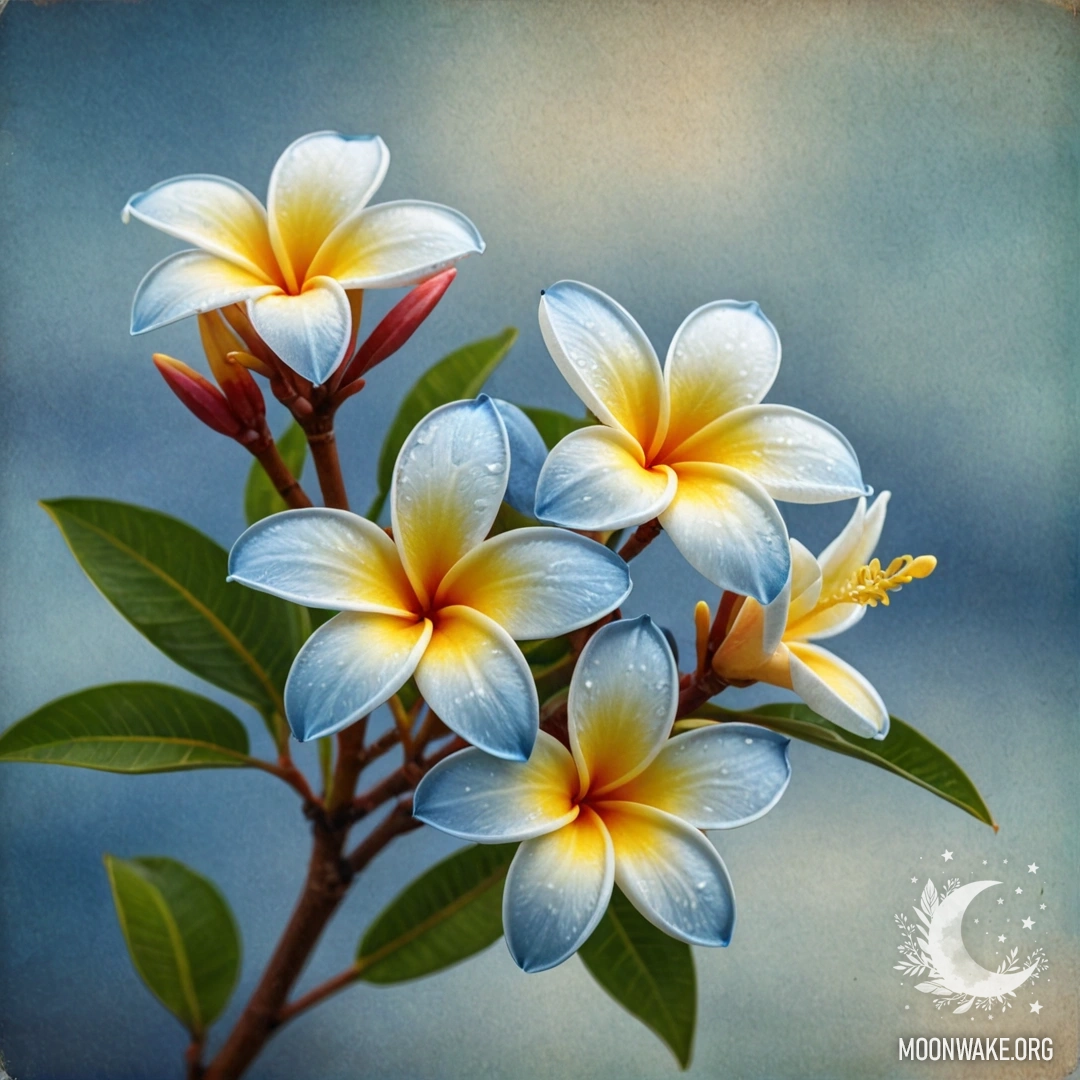 A beautiful plumeria flower set against a misty blue background resembling an old postcard.