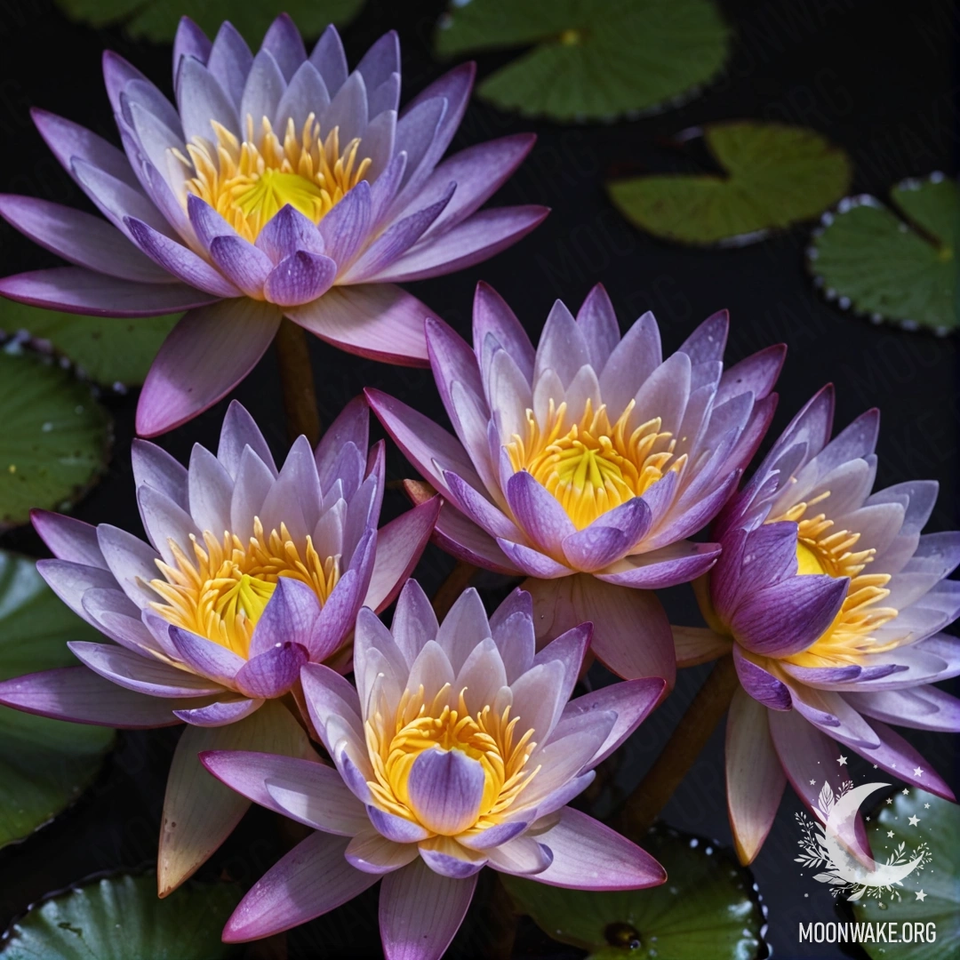 A stunning bouquet of purple water lilies floating gently in the night.