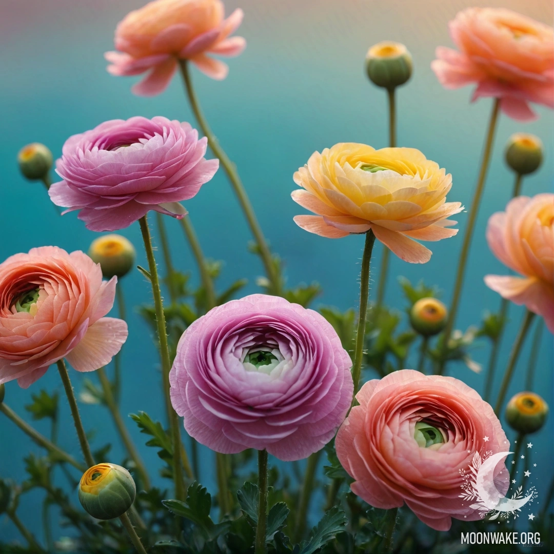 A beautiful ranunculus flower against a sunset background with aquamarine color splashes.