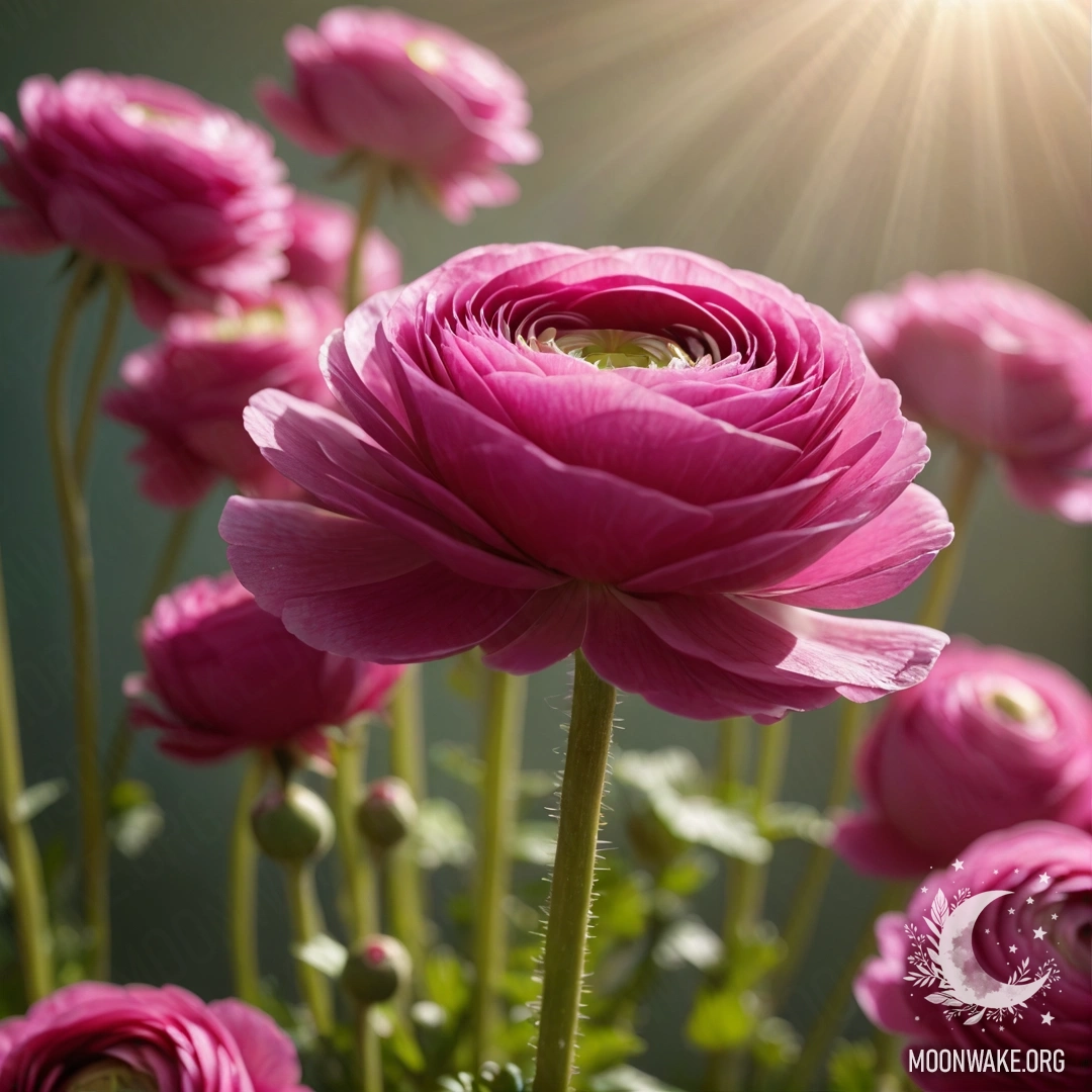A vibrant ranunculus flower surrounded by a web and sunny rays against a fuchsia background.