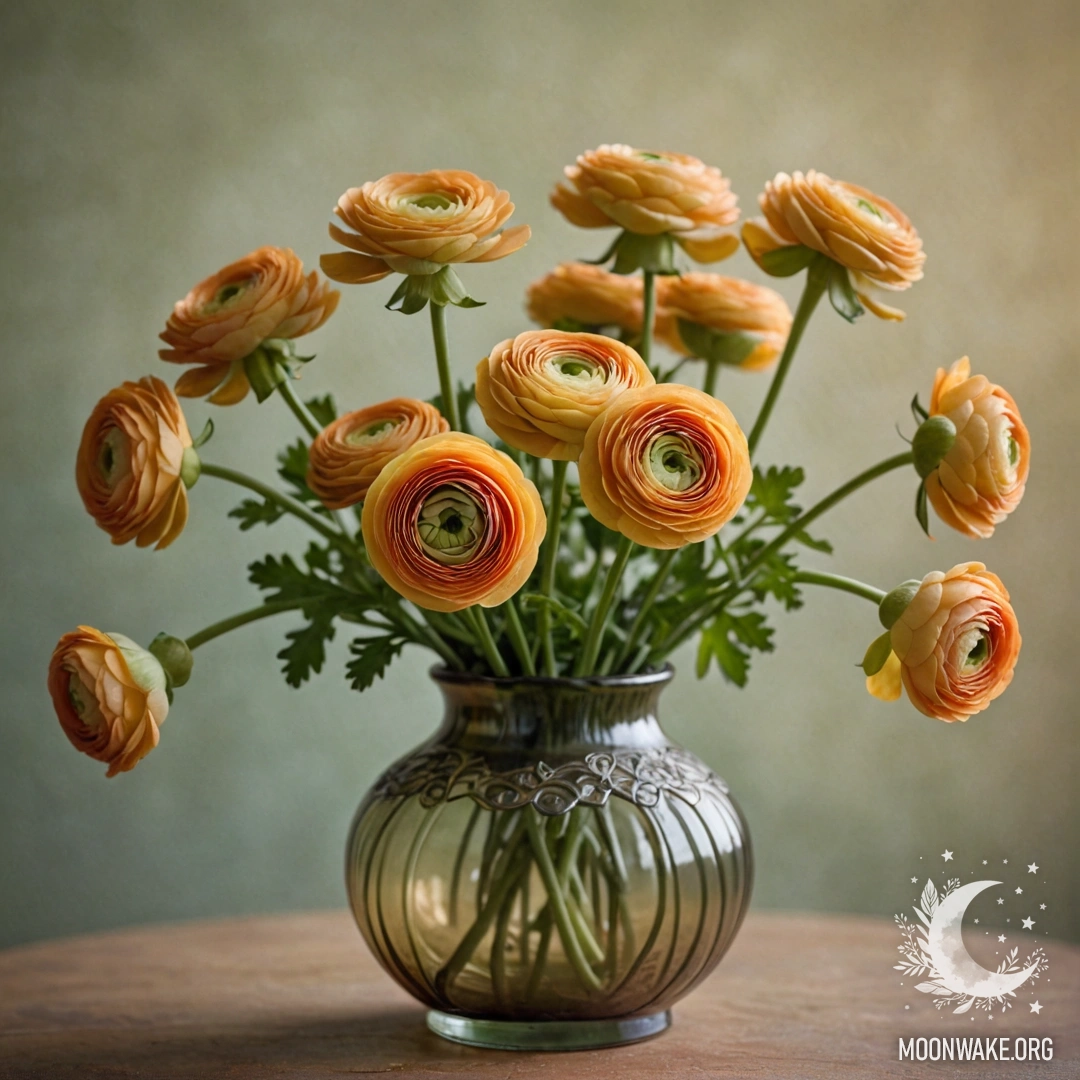 A ranunculus flower in a olive green vase, shrouded in fog at sunset.