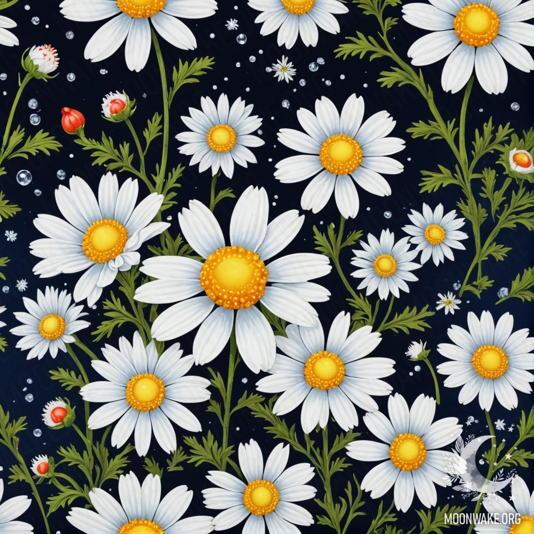 Beautiful Red Chamomile at Night A stunning depiction of a red chamomile flower adorned with rhinestones against a night backdrop, in the style of ukiyo-e painting.