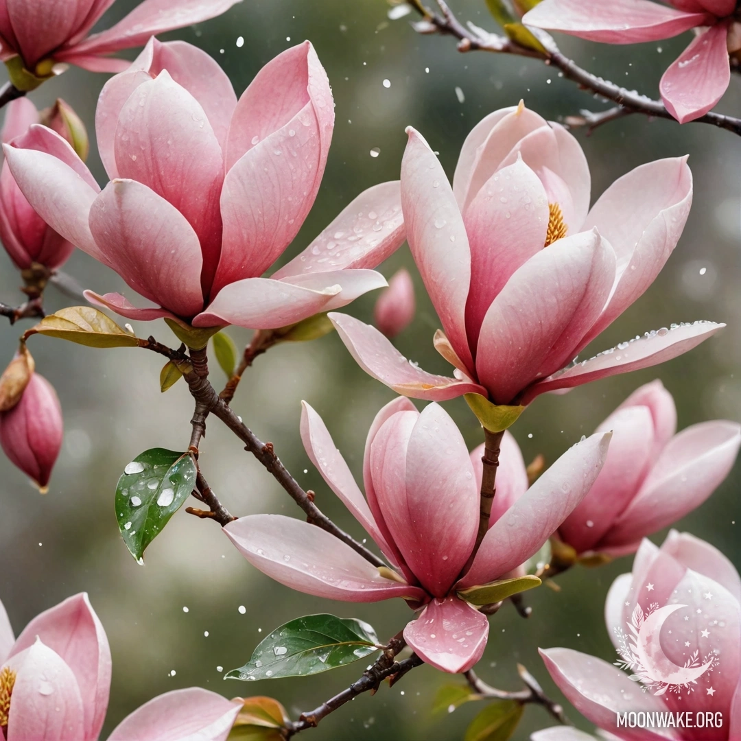 A vibrant red magnolia flower adorned with dew drops, set against a watercolor background.