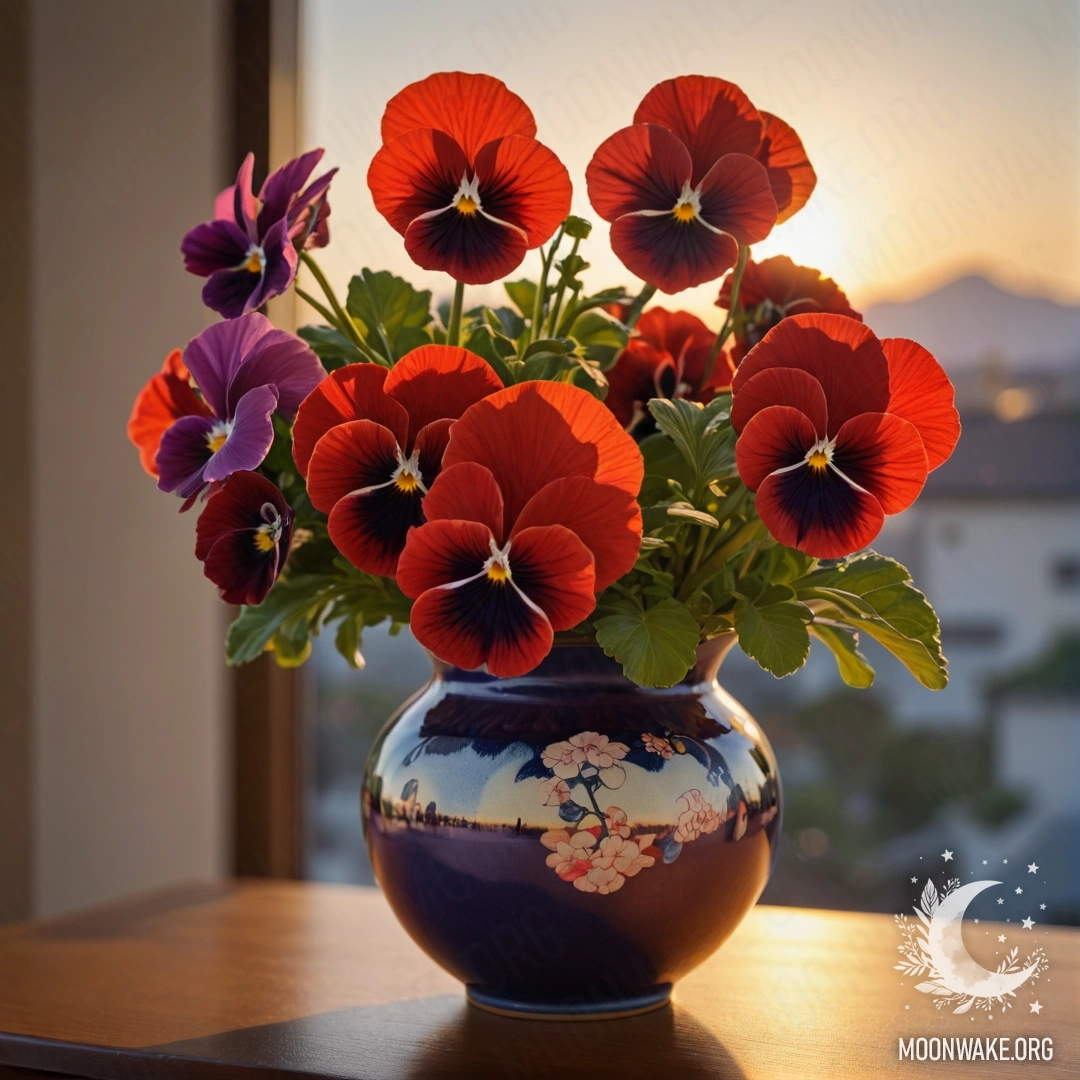 A vase holding red pansies, illuminated by the soft glow of sunset.